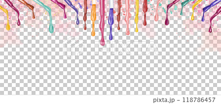 Colored nail polish dripping from brushes horizontal border on watercolor pink splashes. Falling drips palette painted in realistic style. Illustration with empty space for text. For manicure salon. Colored nail polish dripping from brushes horizontal border on watercolor pink splashes. Falling drips palette painted in realistic style. Illustration with empty space for text. For manicure salon. 118786457