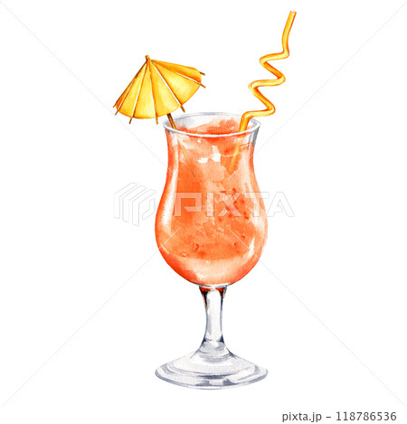 orange cocktail with a straw decorated with an umbrella, watercolor hand drawn illustration of summer refreshing beverage in a glass, sketch of tropical drink, food illustration, white background 118786536