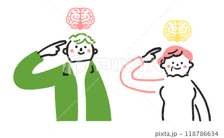 脳を指指す若い男性とシニア女性　セットのストックイラスト素材 118786634