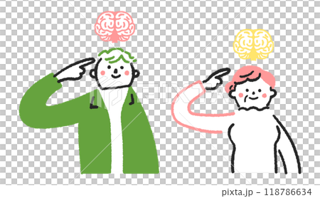 脳を指指す若い男性とシニア女性　セットのストックイラスト素材 118786634