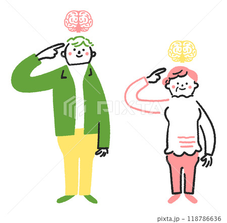 脳を指指す若い男性とシニア女性　セットのストックイラスト素材 118786636