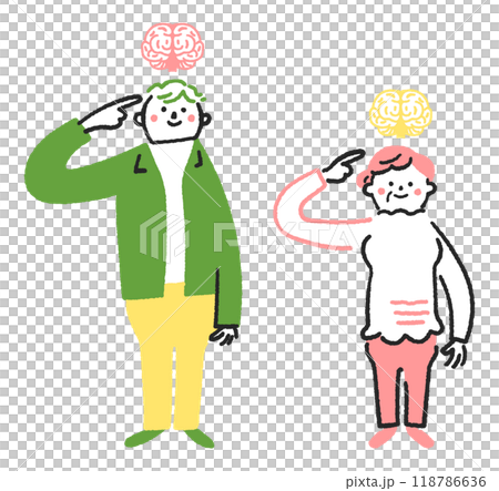 脳を指指す若い男性とシニア女性　セットのストックイラスト素材 118786636