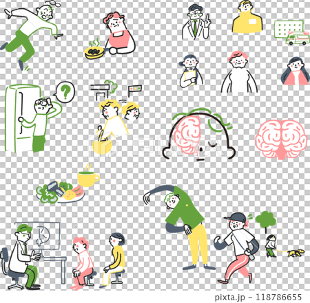 軽度認知症の予防、症状、治療、ケアについてのセットのストックイラスト素材 118786655