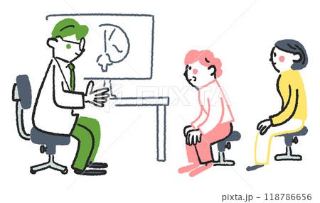 脳の状態について医師に診断を受けるシニア女性と家族　ストックイラスト素材 118786656