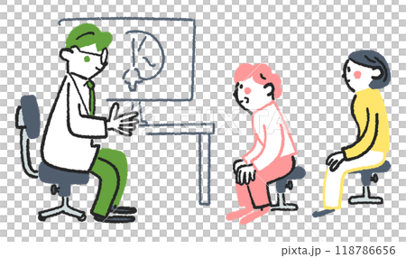 脳の状態について医師に診断を受けるシニア女性と家族　ストックイラスト素材 118786656