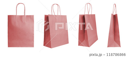 Set of different angles red shopping bag made from recycled paper isolated on white background 118786866
