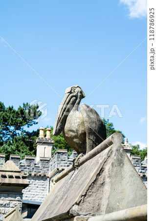 カーディフ城の城壁に作られたペリカンの石造　ウェールズの首都カーディフにて 118786925