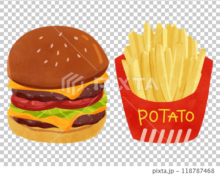 Cheeseburger and french fries watercolor hand-drawn illustration 118787468
