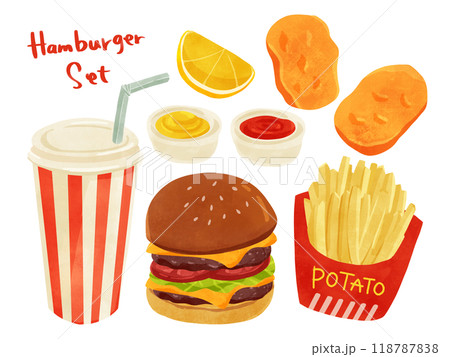 チーズバーガー、ポテト、ナゲットの水彩風手描きイラストセット 118787838