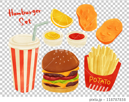 チーズバーガー、ポテト、ナゲットの水彩風手描きイラストセット 118787838