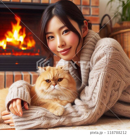 暖炉の前で寛ぐ女性 118788212