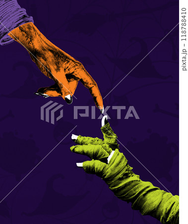 Supernatural friendship. Mummy and monster hands reaching towards each other against dark purple background. Creative collage. Supernatural friendship. Mummy and monster hands reaching towards each other against dark purple background. Creative collage. 118788410