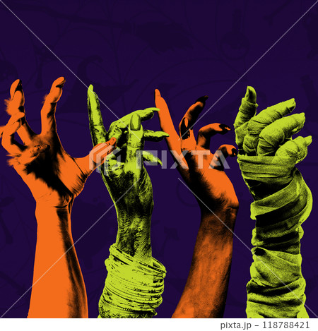 Stylized, Halloween-themed hands of witches, mummy against dark purple background. Horror vibes. Creative collage. Stylized, Halloween-themed hands of witches, mummy against dark purple background. Horror vibes. Creative collage. 118788421