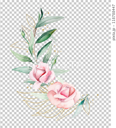 Bouquet made of pink watercolor flowers and green leaves, isolated wedding and greeting illustration Bouquet made of pink watercolor flowers and green leaves, isolated wedding and greeting illustration 118788447