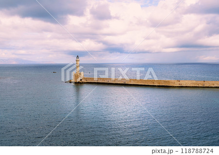 Landmarks of Crete - Panorama View of lighthouse in old harbour of Chania, Greece. 118788724