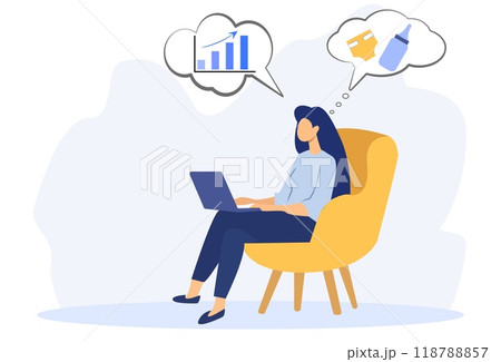 Woman seated in a chair, using a laptop, with thought bubbles depicting business growth and baby care items. Modern, minimalist illustration, representing work-life balance for moms Woman seated in a chair, using a laptop, with thought bubbles depicting business growth and baby care items. Modern, minimalist illustration, representing work-life balance for moms 118788857