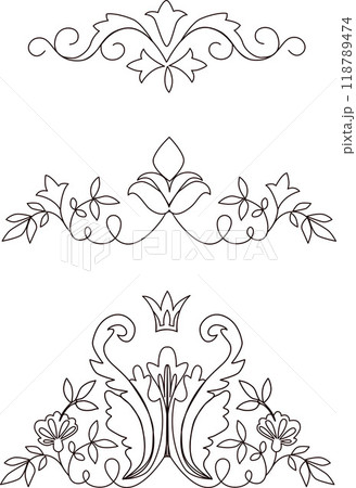 Vintage text Divider thin line icons set. Separator black contour symbol isolated. Border underline on text page, book, invitation, wedding card, certificate, menu. 118789474