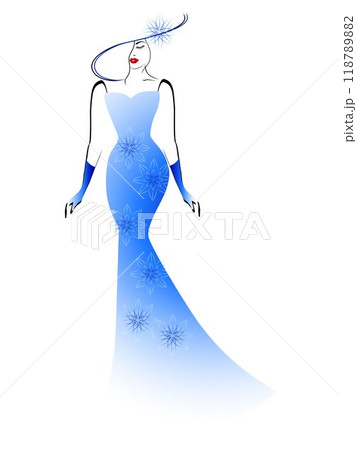 Young and beautiful girl in a long blue dress and hat. 118789882