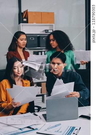 Stress, business people and employee frustrated with multitasking, pressure or overworked by team in chaos with paperwork. Anxiety, headache and worker overwhelmed by group and burnout in crisis 118790303