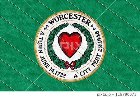 Flag of the city of Worcester, Massachusetts, USA, on a background of a wooden fence. Conceptual collage 118790673