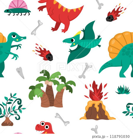 Vector dinosaur seamless pattern. Cute prehistoric animal repeat background. Dino digital paper with Pterodactyl, Tyrannosaurus, T-Rex, volcano, bones, asteroid for kids Vector dinosaur seamless pattern. Cute prehistoric animal repeat background. Dino digital paper with Pterodactyl, Tyrannosaurus, T-Rex, volcano, bones, asteroid for kids 118791030