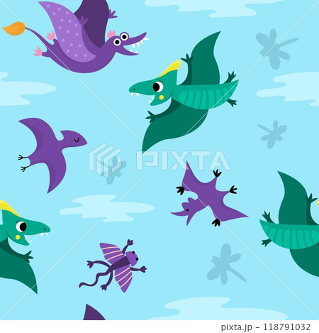 Vector flying dinosaur seamless pattern with pterosaurs. Cute prehistoric animal repeat background. Dino digital paper with Pterodactyl, clouds, sky for kids 118791032