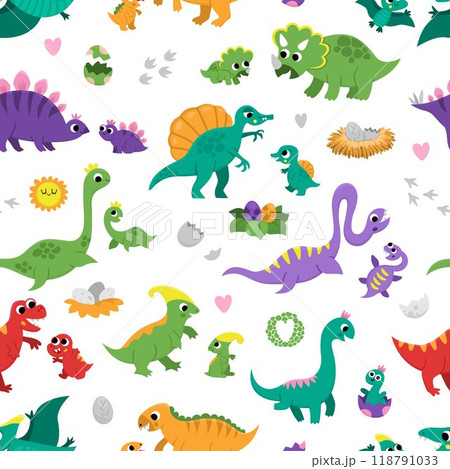 Vector dinosaur moms and babies seamless pattern. Cute prehistoric animal repeat background. Dino mother and child digital paper. Parents and kids dino with eggs, nest. Cute mother day texture 118791033