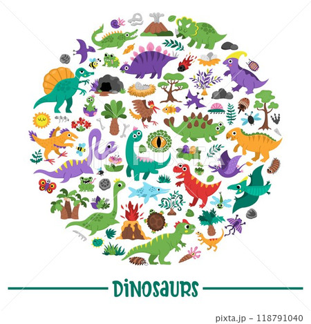 Vector dinosaur round frame with Pterodactyl, Stegosaurus, Tyrannosaurus, Triceratops, T-Rex. Prehistoric animal card template design for banner, invitation. Dino party elements for kids 118791040