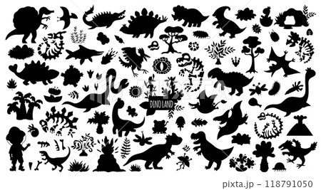 Vector dinosaur silhouettes set. Cute prehistoric animal icons collection. Dino black shadow illustrations with Pterodactyl, Stegosaurus, Tyrannosaurus, Triceratops, T-Rex, paleontologist for kids Vector dinosaur silhouettes set. Cute prehistoric animal icons collection. Dino black shadow illustrations with Pterodactyl, Stegosaurus, Tyrannosaurus, Triceratops, T-Rex, paleontologist for kids 118791050