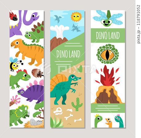 Cute dinosaur bookmarks set with Pterodactyl, Stegosaurus, Tyrannosaurus, Triceratops, T-Rex. Vector cartoon prehistoric vertical cards collection. Book mark print templates pack 118791052