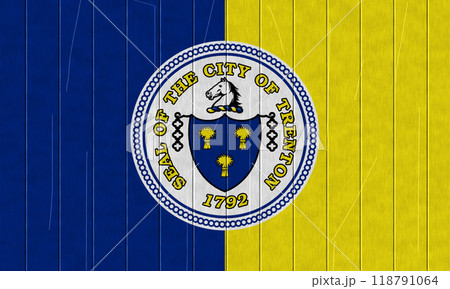 Flag of the city of Trenton, New Jersey, USA, on a background of a wooden fence. Conceptual collage 118791064