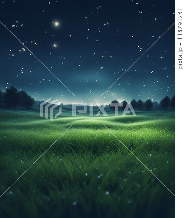 Magical night scene with glowing fireflies over a grassy field with a blurred background and bokeh lights, creating a dreamy atmosphere, Generative AI. Magical night scene with glowing fireflies over a grassy field with a blurred background and bokeh lights, creating a dreamy atmosphere, Generative AI. 118791231