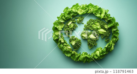 Sustainable earth concept: lettuce and broccoli forming planet on green background 118791463