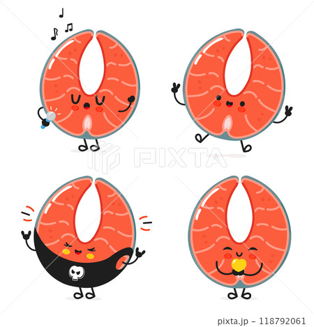 Funny Red fish salmon characters bundle set. Vector hand drawn doodle style cartoon character illustration icon design. Cute Red fish salmon mascot character collection 118792061