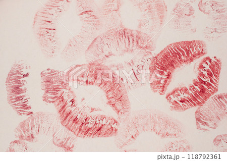 imprint of red lipstick, kiss, beautiful red lips 118792361