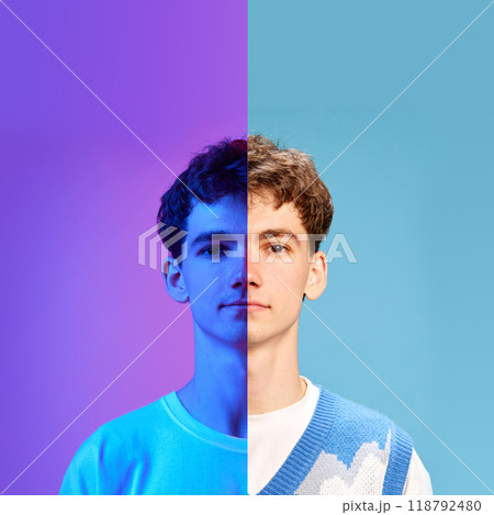 Half-lit and half-shadowed portrait of young man. Optimism battling with doubt. Self-identity. Creative conceptual collage. 118792480