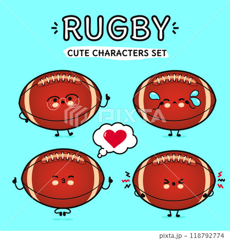 Funny cute happy Rugby ball characters bundle set. Vector hand drawn doodle style cartoon character illustration icon design. Isolated on blue background. Rugby ball mascot character collection 118792774