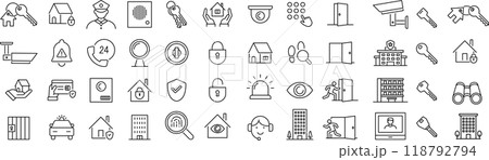 ベクターでモノクロのホームセキュリティに関する線画アイコンセット 118792794
