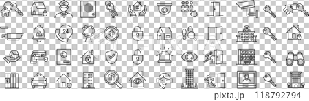 ベクターでモノクロのホームセキュリティに関する線画アイコンセット 118792794