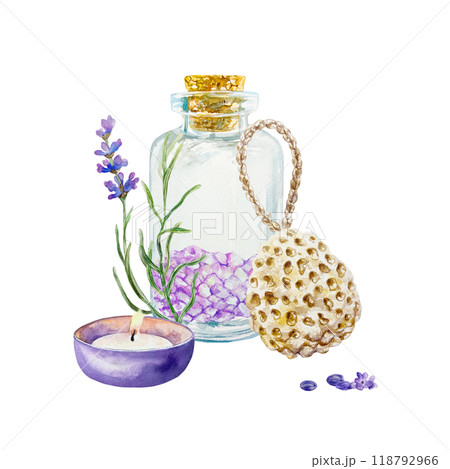 Lavender SPA treatment, bath sea salt, washcloth, candle, lavender sprig. Hand drawn watercolor illustration isolated on white. For certificates and invitations, postcards, posters, banners, menu. 118792966