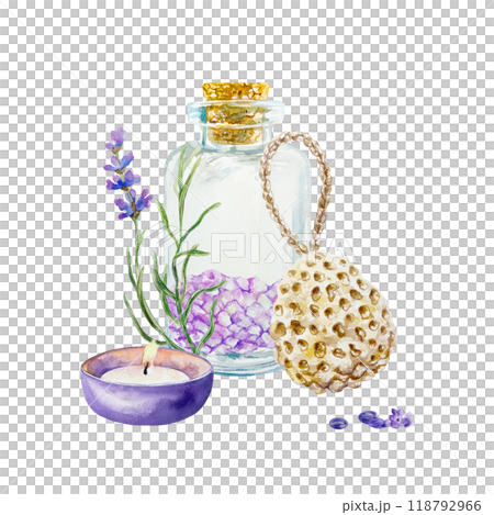 Lavender SPA treatment, bath sea salt, washcloth, candle, lavender sprig. Hand drawn watercolor illustration isolated on white. For certificates and invitations, postcards, posters, banners, menu. 118792966