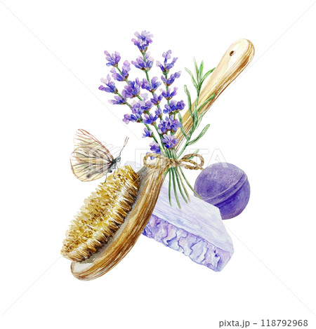 Lavender spa treatment, scrub brush, bath bomb, bouquet, soap, butterfly. Hand drawn watercolor illustration isolated on white. For certificates and invitations, postcards, posters, banners, menu. 118792968