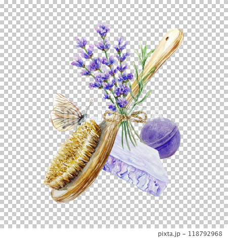 Lavender spa treatment, scrub brush, bath bomb, bouquet, soap, butterfly. Hand drawn watercolor illustration isolated on white. For certificates and invitations, postcards, posters, banners, menu. 118792968