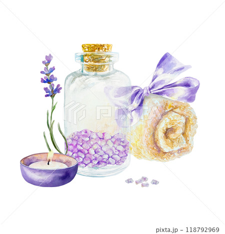 Lavender SPA treatment, bath sea salt in a bottle, towel, candle, flower. Hand drawn watercolor illustration isolated on white. For certificates and invitations, postcards, posters, banners, menu. 118792969