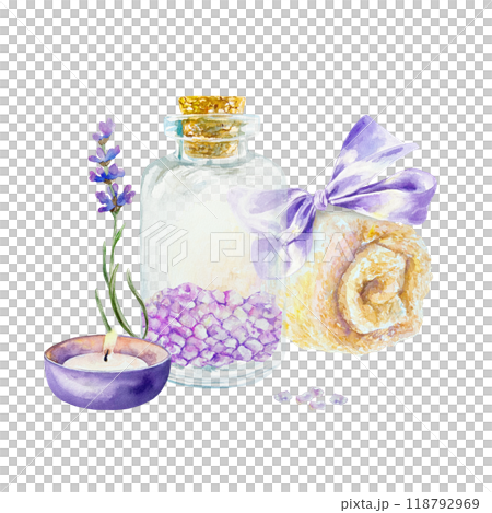 Lavender SPA treatment, bath sea salt in a bottle, towel, candle, flower. Hand drawn watercolor illustration isolated on white. For certificates and invitations, postcards, posters, banners, menu. Lavender SPA treatment, bath sea salt in a bottle, towel, candle, flower. Hand drawn watercolor illustration isolated on white. For certificates and invitations, postcards, posters, banners, menu. 118792969