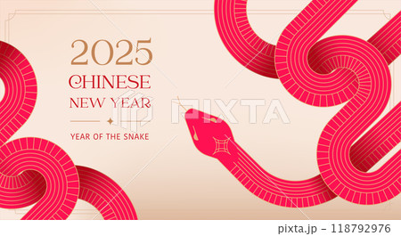 Chinese new year 2025 year of the Snake. Abstract background. Linear geometric red Snake Chinese new year 2025 year of the Snake. Abstract background. Linear geometric red Snake 118792976