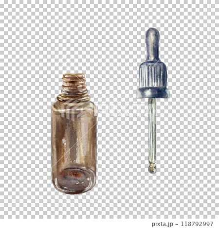 Glass bottle with pipette for cosmetic oils. Hand drawn watercolor illustration isolated on white. For SPA collections, cards, labels, posters and SPA salon price list design. 118792997