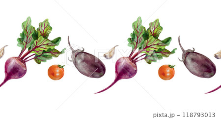 Beetroot, eggplant, tomato, garlic watercolor. Vegetable seamless border. Hand drawn vector illustration. For wrapping paper, label, fabric, covers. 118793013