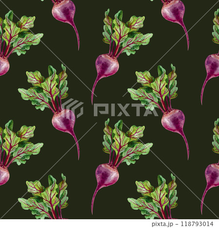 Beetroot watercolor seamless pattern. Hand drawn vector illustration on black background. Wrapping paper, textile, label, fabric, covers, wallpaper. Beetroot watercolor seamless pattern. Hand drawn vector illustration on black background. Wrapping paper, textile, label, fabric, covers, wallpaper. 118793014