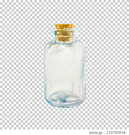 Glass bottle with cork, empty. Hand drawn watercolor illustration isolated on white. For cosmetic collections, cards, labels, posters and SPA salon price list design. 118793016